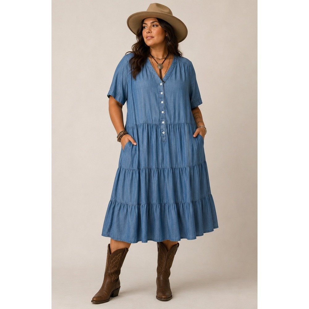 Downeast Ellie Chambray Tiered Dress Boho Coastal Blue XL